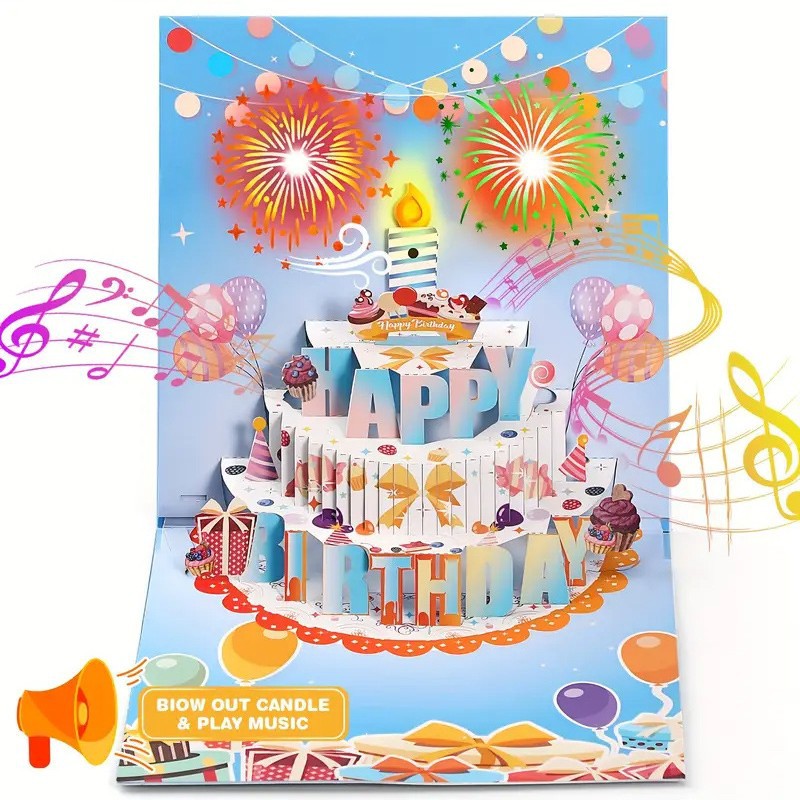 🎂3D Pop-Up Birthday Card – Blowable Candle & Music Light Show