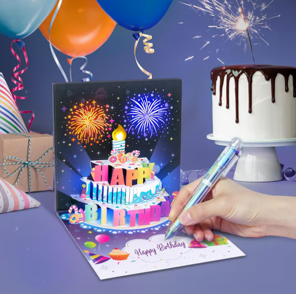 🎂3D Pop-Up Birthday Card – Blowable Candle & Music Light Show