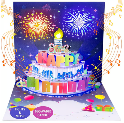 🎂3D Pop-Up Birthday Card – Blowable Candle & Music Light Show