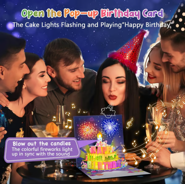 🎂3D Pop-Up Birthday Card – Blowable Candle & Music Light Show